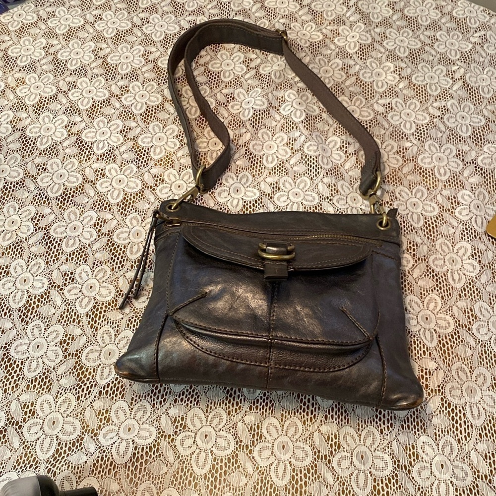 Fossil Leather Grey Rustic Crossbody Shoulder Bag Purse ~ Brass Hardware - Picture 11 of 14